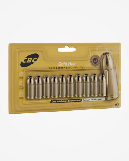 Munição CBC 9mm EXPO +P+ 115gr Gold Hex (10un)