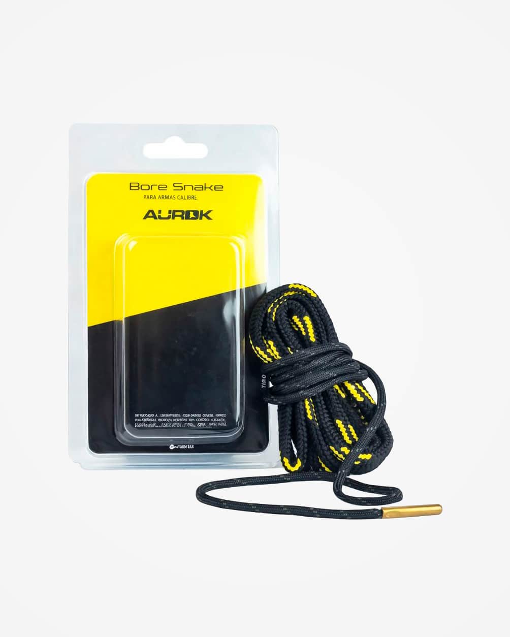 1 Limpador de arma Bore Snake .40, blister amarelo Aurok, corda preta com fios amarelos enrolada e ponta metálica dourada