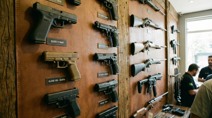 armas importadas expostas em parede de loja de armas