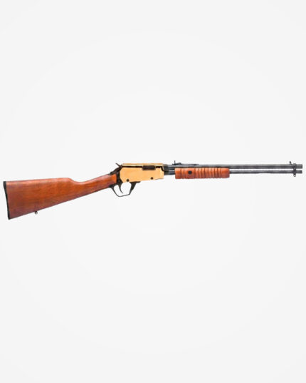 Rifle CBC Pump Action .22LR PVD Gold com receptor dourado polido, coronha e guarda-mão em madeira ripada