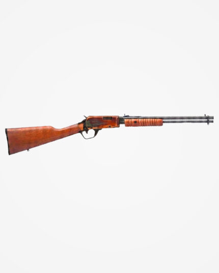 Rifle CBC Pump Action .22LR PVD Hardened acabamento oxidado marrom no receptor, coronha e guarda-mão de madeira