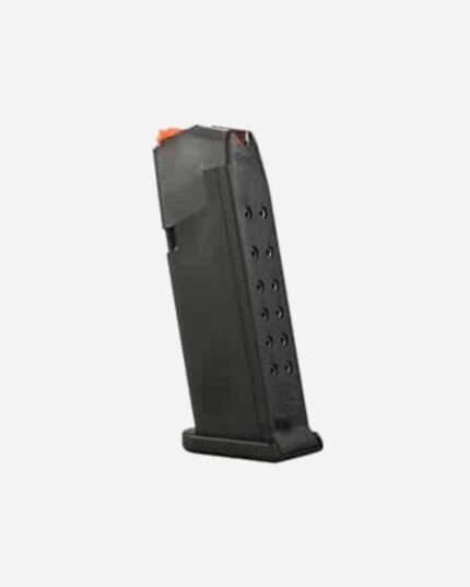 Carregador G19 9x19mm 15 tiros, corpo polímero preto fosco com seguidor laranja visível no topo