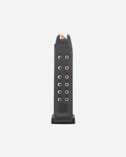 Carregador G19 9x19mm 15 tiros em pé, corpo liso preto sem extensão de base, vista angulada de perfil