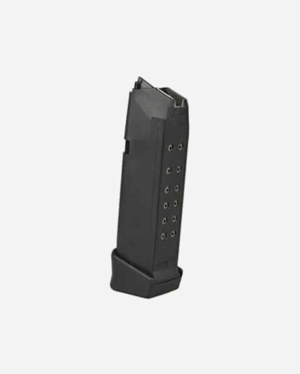 Carregador G19 9x19mm 15+2 tiros em polímero preto, vista angulada com furos numerados de contagem e base alargada