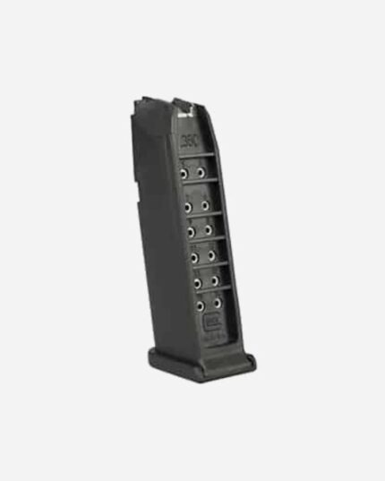 Carregador G25 calibre .380 15 tiros em polímero preto, vista lateral com furos numerados de contagem e base alargada