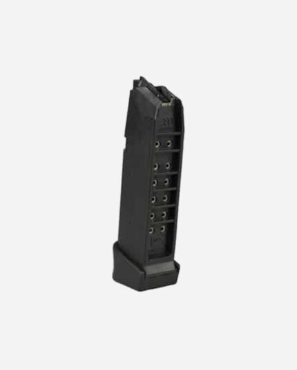 Carregador G25 calibre .380 15+2 tiros em polímero preto, vista angulada com furos numerados e base alargada preta
