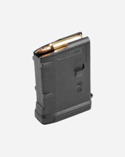 Carregador Magpul PMAG Gen M3 5.56x45 preto com 10 munições, cartucho visível no topo e corpo com nervuras texturizadas