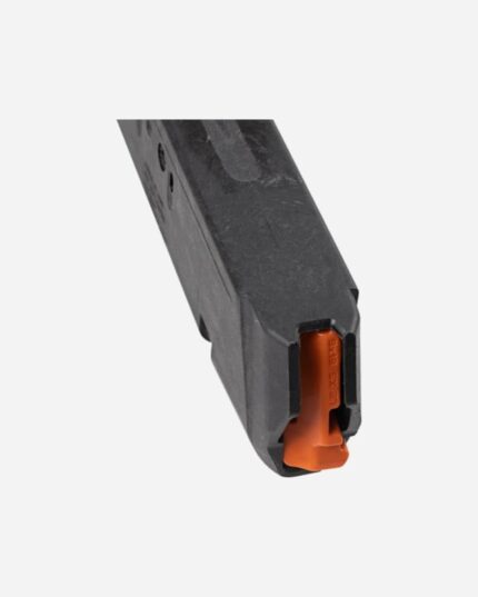 Carregador Magpul GL9 27 munições close na base, texto PMAG 27 GL9 Made in USA gravado em relevo no fundo