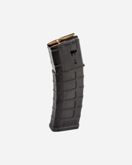Carregador Magpul Gen M3 5.56x45 preto com cartucho dourado encaixado na boca, corpo com costelas reforçadas