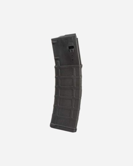 Carregador Magpul Gen M3 40 munições em vista angulada traseira, corpo nervurado preto com marcações parciais