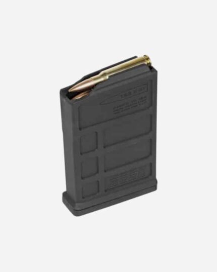 Carregador Magpul monofilar 7.62x51mm/.308Win preto com cartucho dourado encaixado na boca, corpo alongado fino