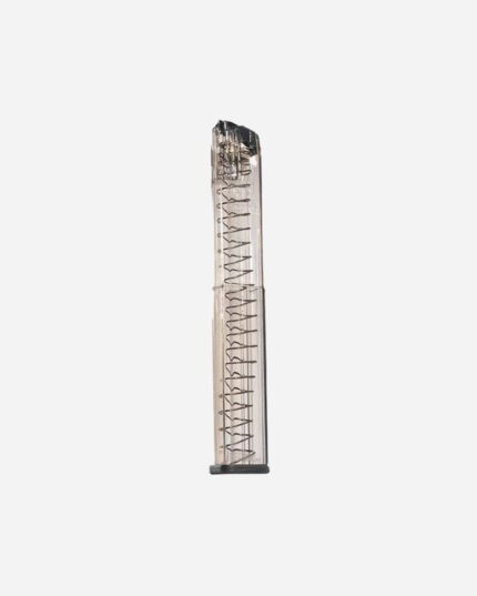 Carregador ETS Glock 40 tiros cal. 9mm, corpo polímero transparente âmbar com mola visível e base preta destacável