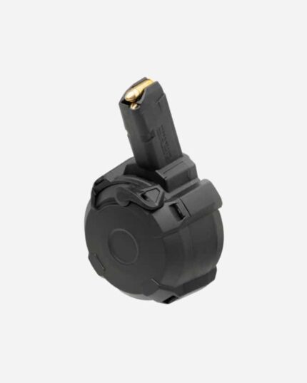 Carregador Magpul Drum D-50 GL9 9x19 em tambor preto com cartucho de latão visível no topo do carregador